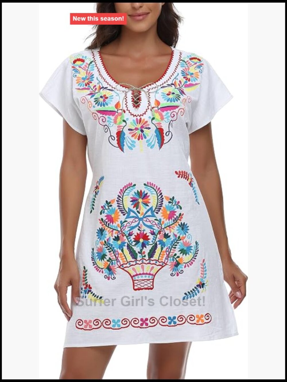 Women's Mexican Embroidered Fiesta Dress V Neck Short Sleeve 100% Cotton